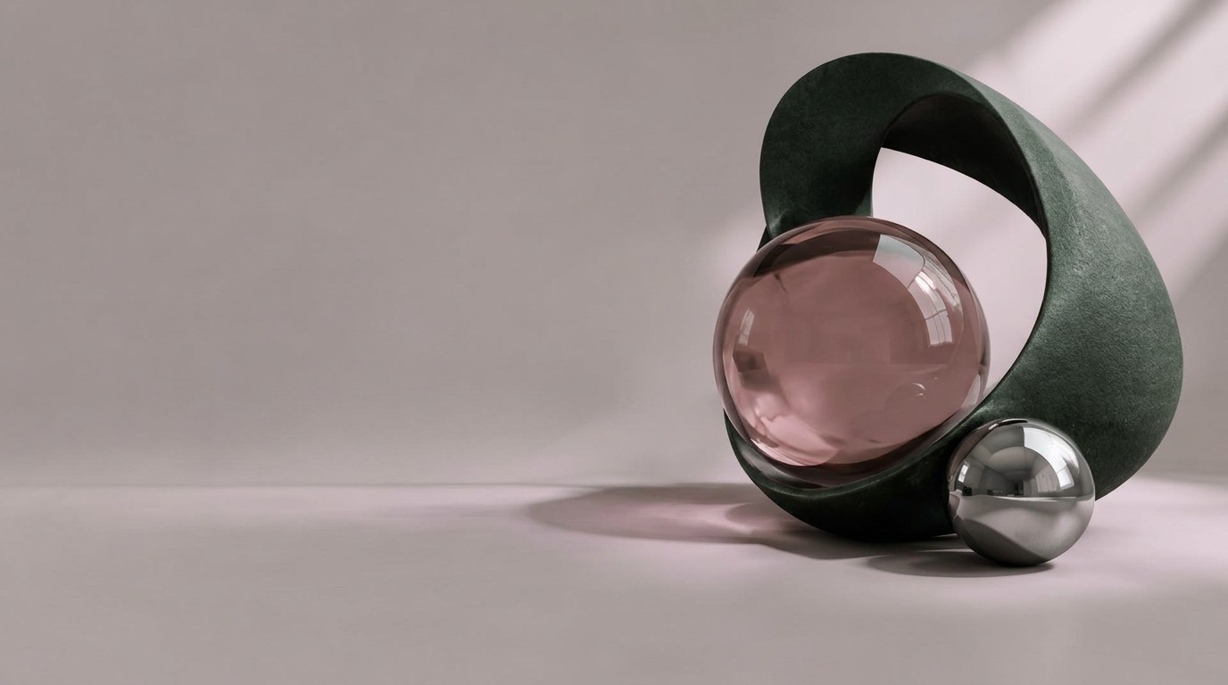 Dusty rose glass, green charcoal, and chrome sculptures in a softly lit studio